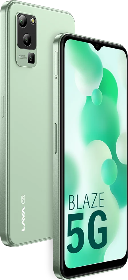 Lava Blaze 5G, in Glass Green, front and back at an angle