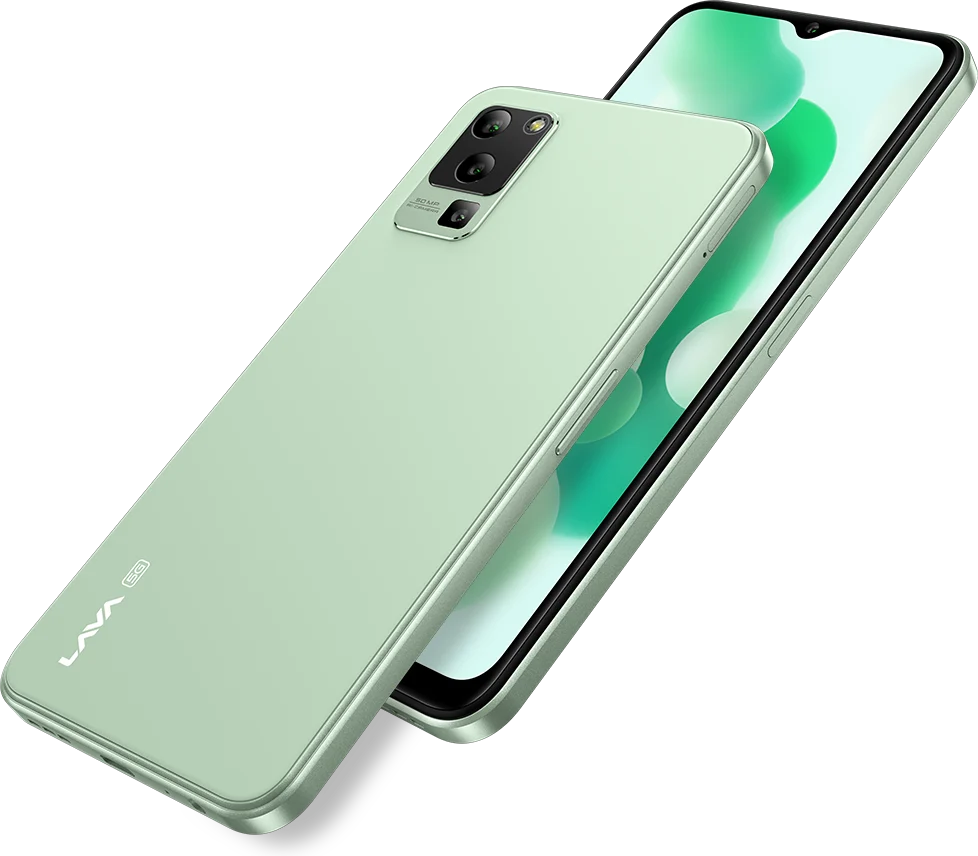 Lava Blaze 5G, in Glass Green, at an angle, from the back