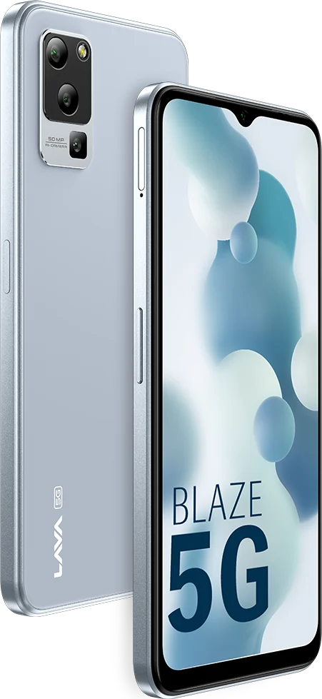 Lava Blaze 5G, in Glass Blue, front and back at an angle