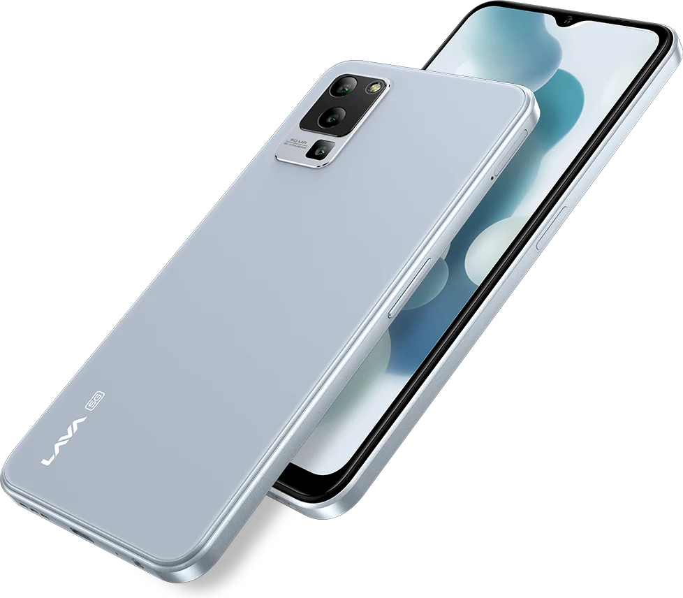 Lava Blaze 5G, in Glass Blue, at an angle, from the back