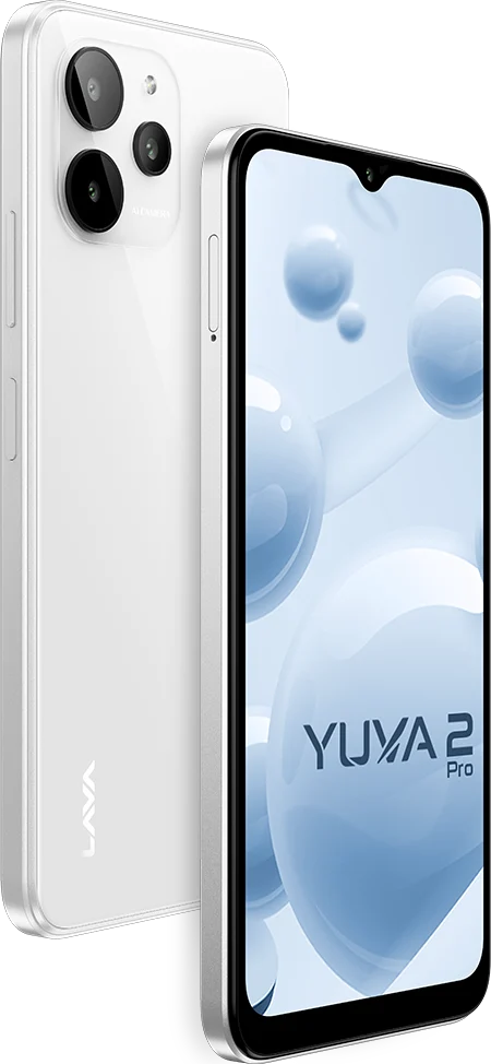 Lava Yuva 2 Pro, in Glass White, front and back at an angle