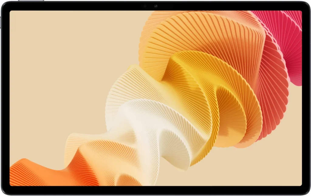 realme Pad 2, front, straight on, orange and cream wallpaper on screen