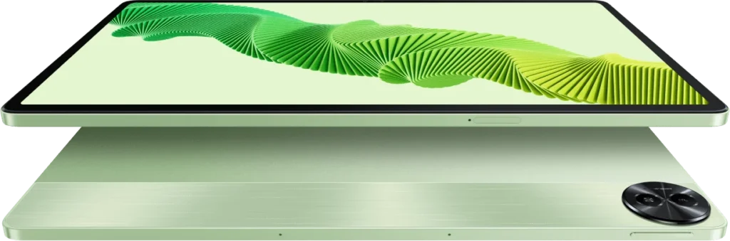 realme Pad 2, in Inspiration Green, front and back at an angle