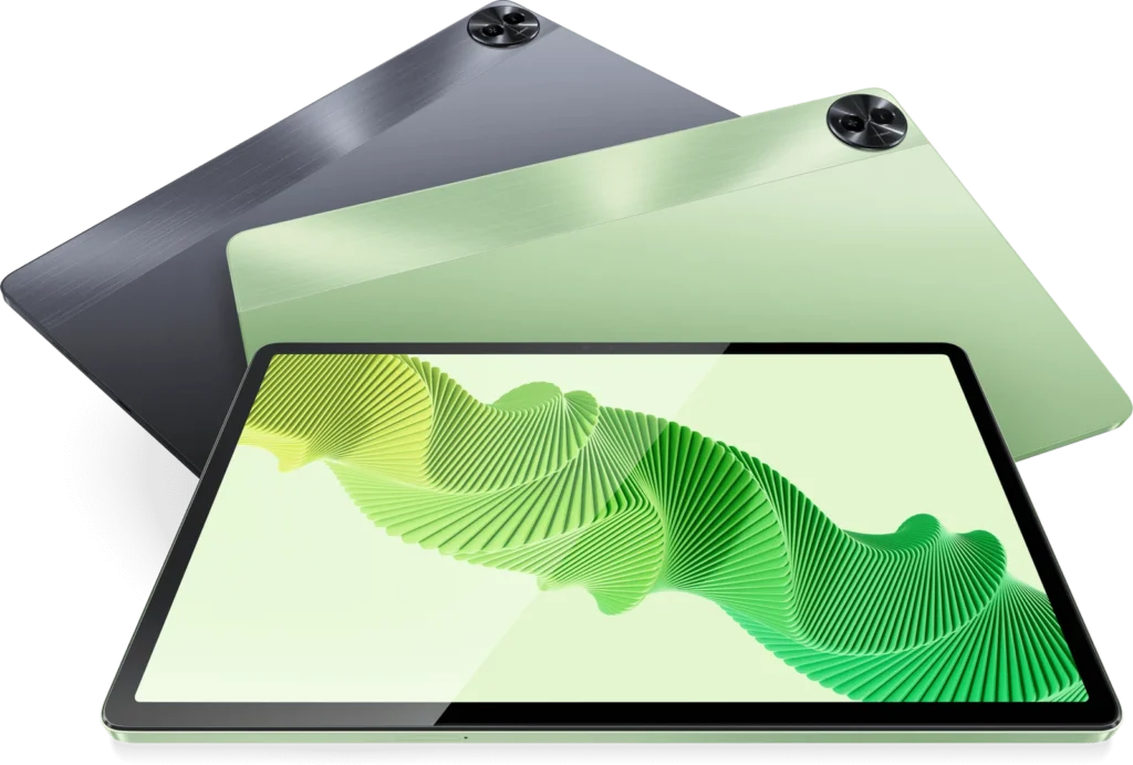 realme Pad 2, both colours from the back, with an Inspiration Green one from the front