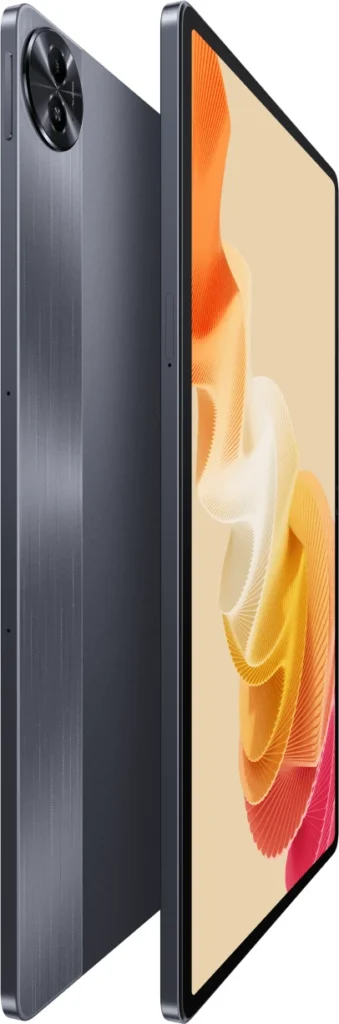 realme Pad 2, in Imagination Grey, back and front side by side at an angle