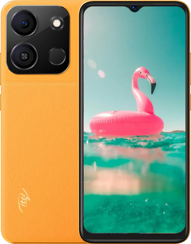 itel A05s, in Glorious Orange, front and back