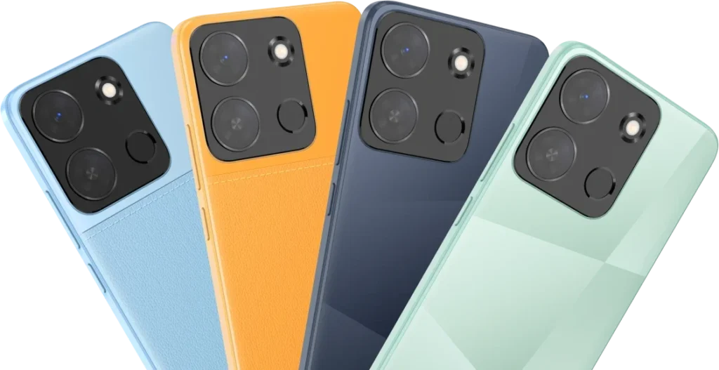 itel A05s, in all four colours, fanned out from the back