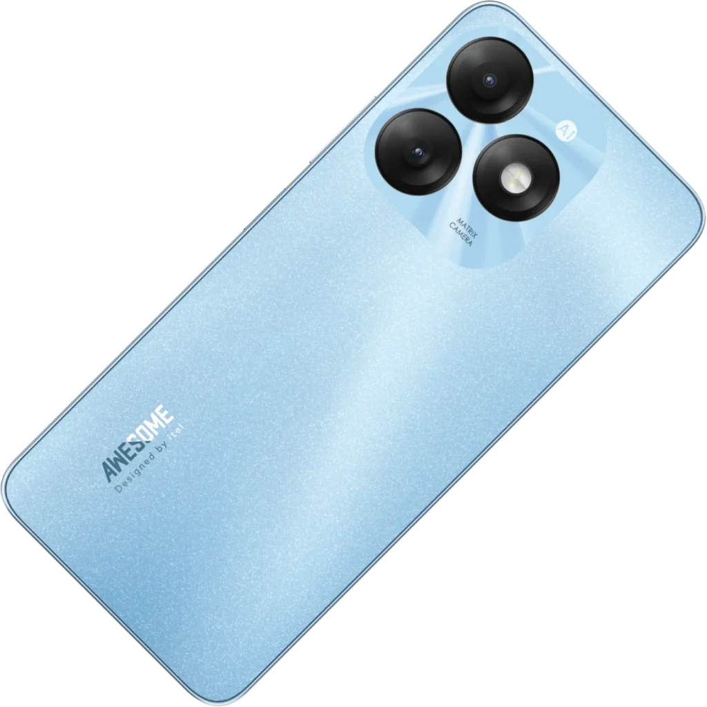 itel A70, in Aurora Blue lying at an angle