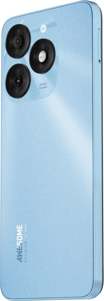 itel A70, in Aurora Blue from the back, turned slightly