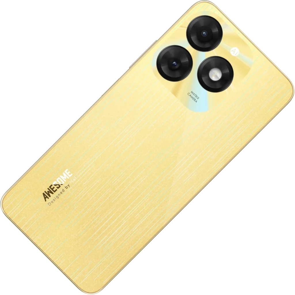 itel A70, in Brilliant Gold lying at an angle
