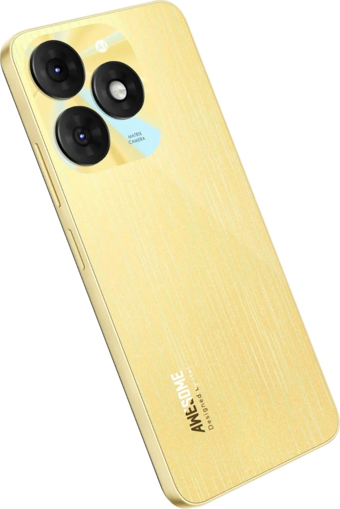 itel A70, in Brilliant Gold from the back, tilted