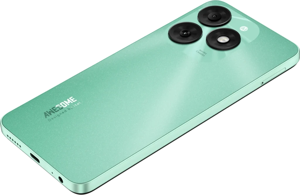 itel A70, in Field Green lying at an angle