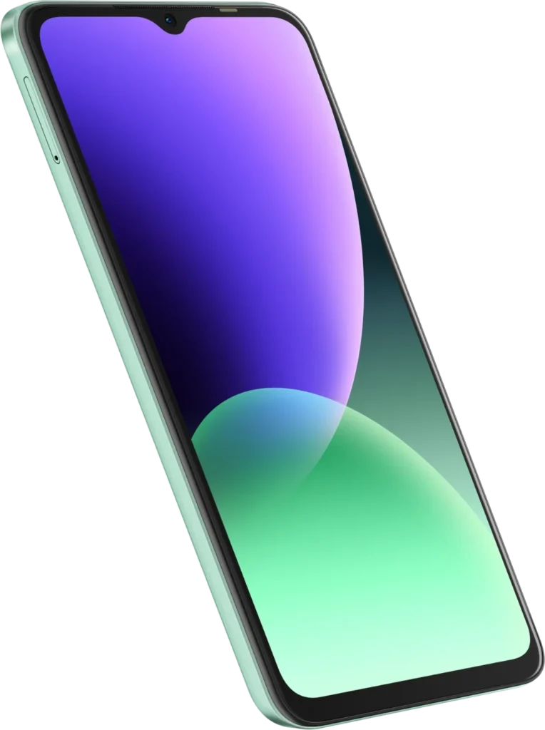 itel A70, in Field Green from the front, tilted
