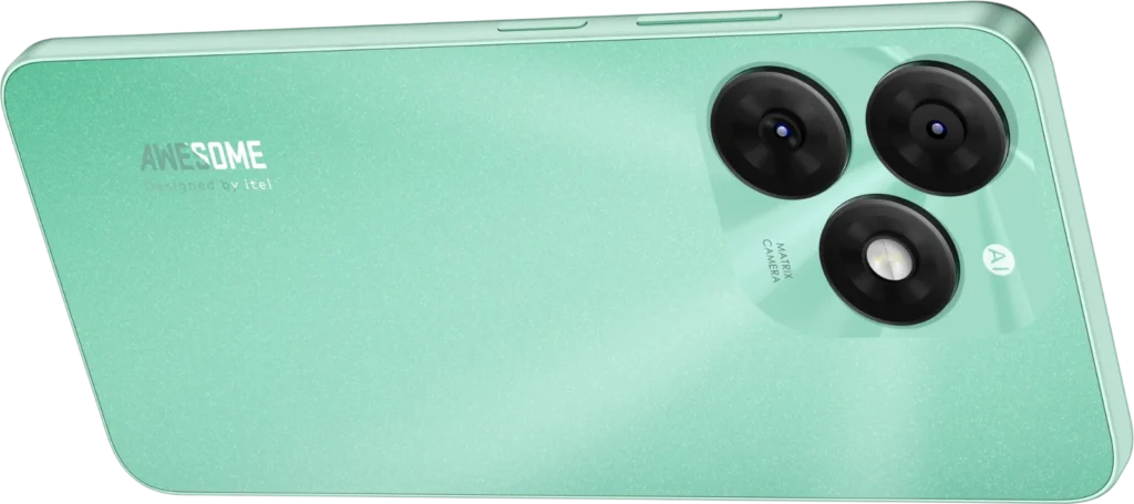 itel A70, in Field Green lying on its side