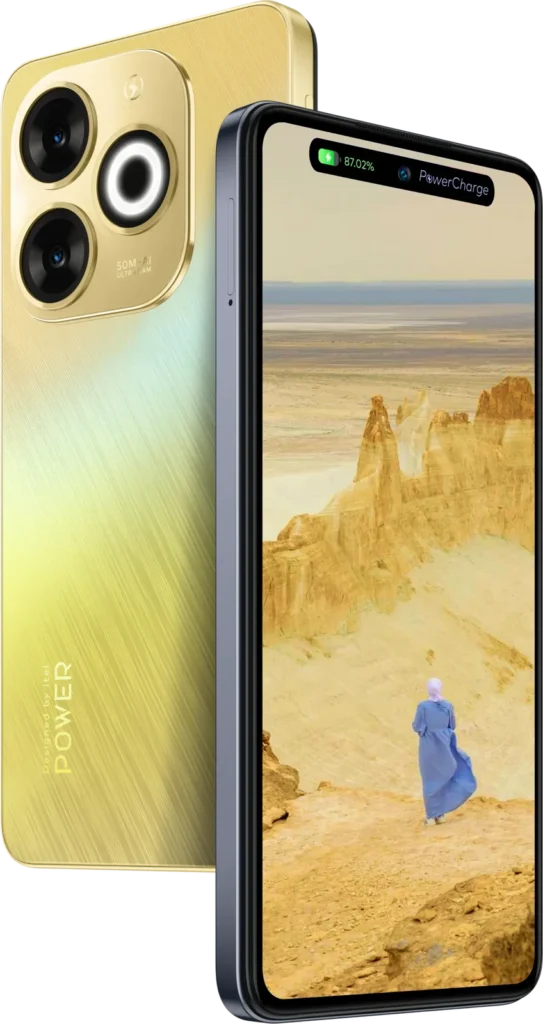 itel P55T, in Astral Gold, front and back