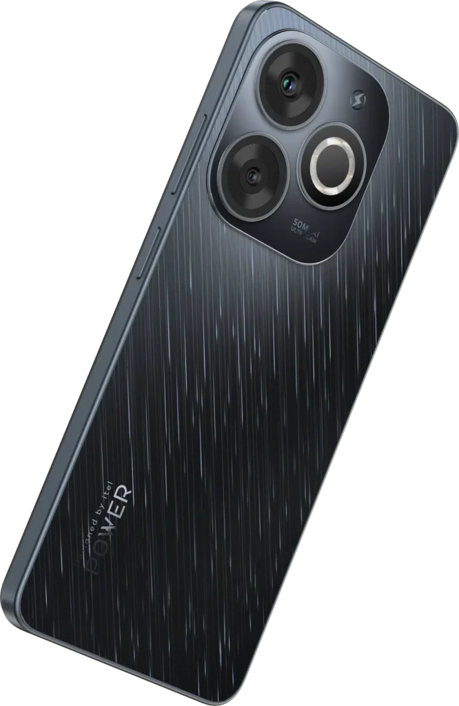 itel P55T, in Astral Black from the back, tilted