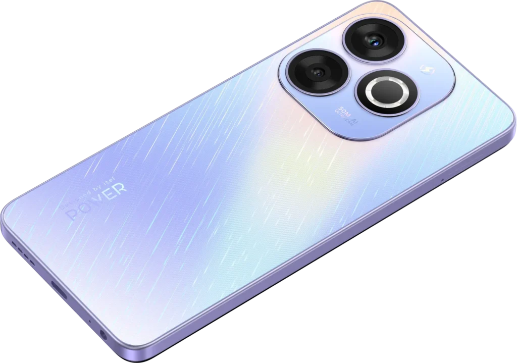 itel P55T, in Astral Purple lying on its side
