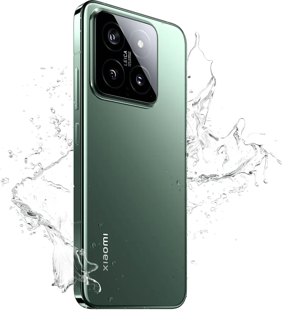 Xiaomi 14, in Jade Green, with water splashing around it
