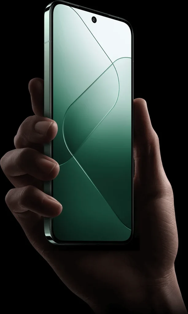 Xiaomi 14, in Jade Green, held in one hand in the dark