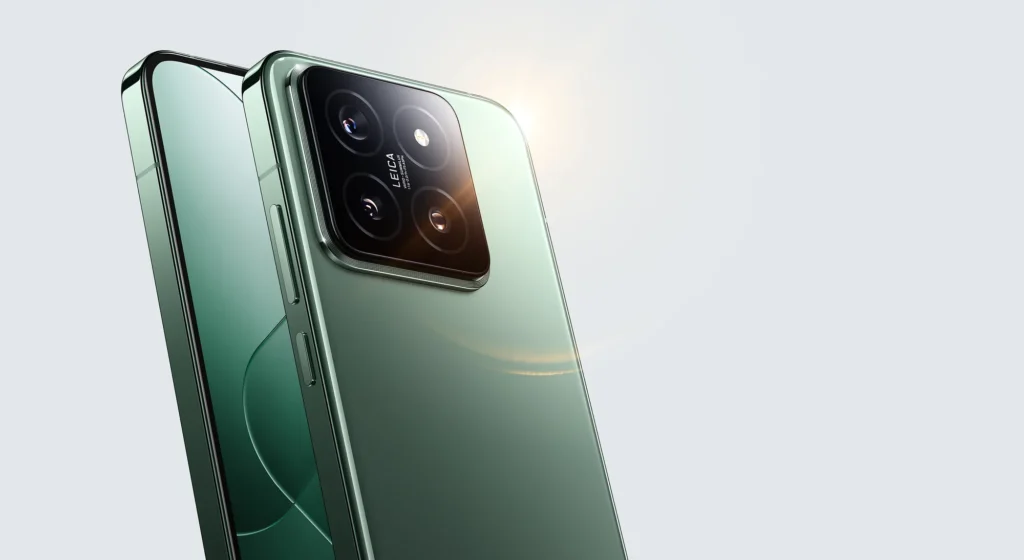 Xiaomi 14, in Jade Green, at an angle from the back