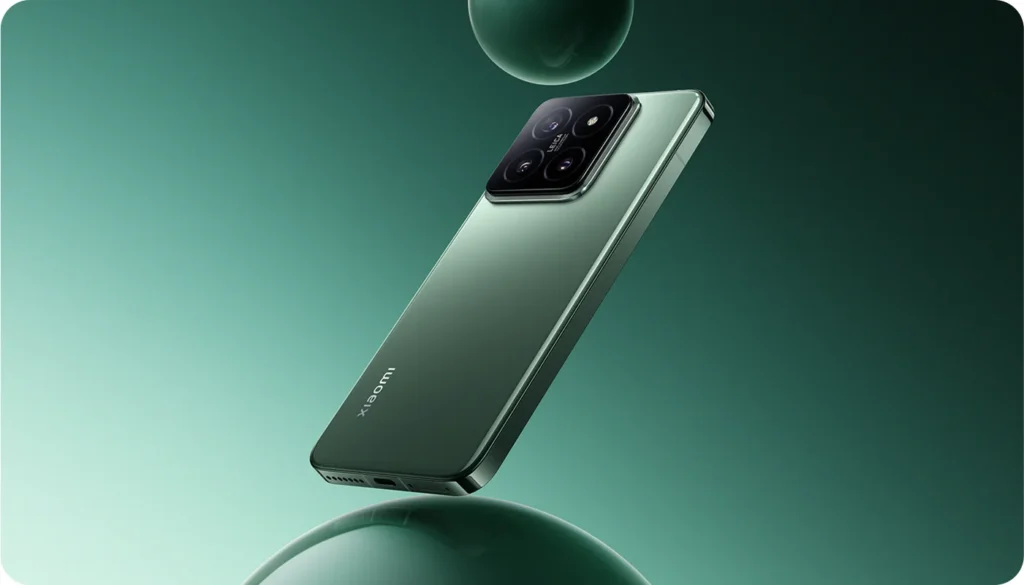 Xiaomi 14, in Jade Green, floating on a green background