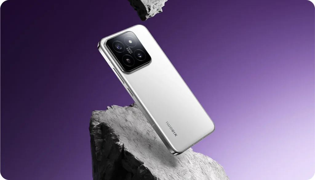 Xiaomi 14, in White, on a rock against a purple background