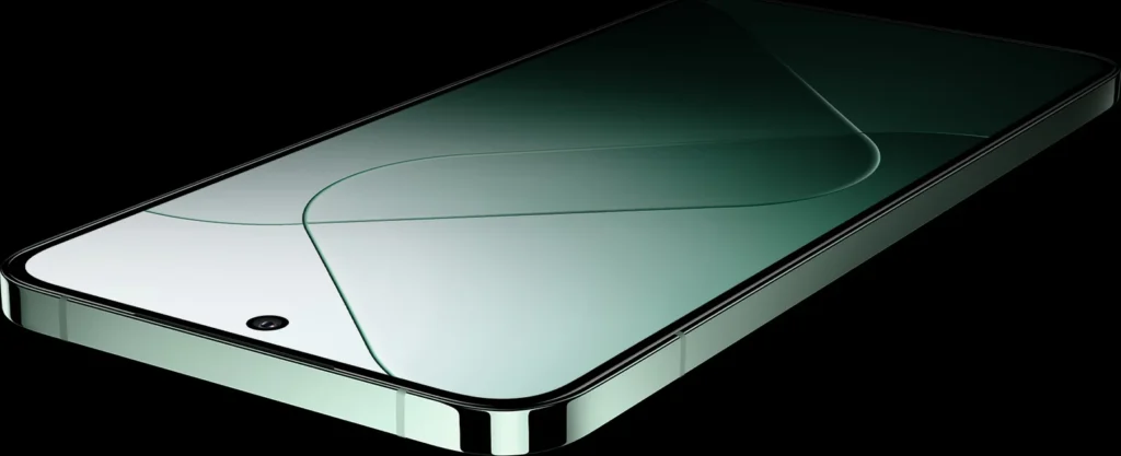 Xiaomi 14, lying flat on black, screen on