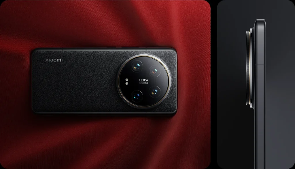 Xiaomi 14 Ultra, in Black, on red fabric with a side view
