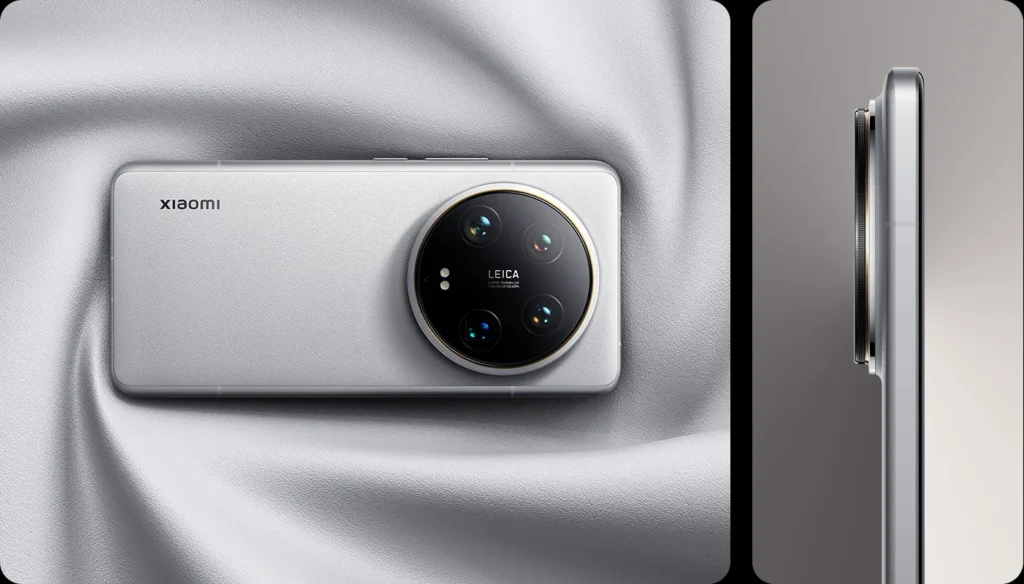 Xiaomi 14 Ultra, in White, on white fabric with a side view