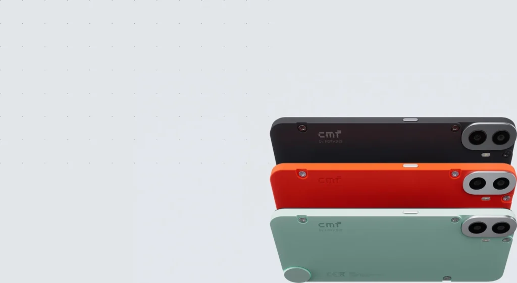Nothing CMF Phone 1, in Black, Orange and Light Green, stacked