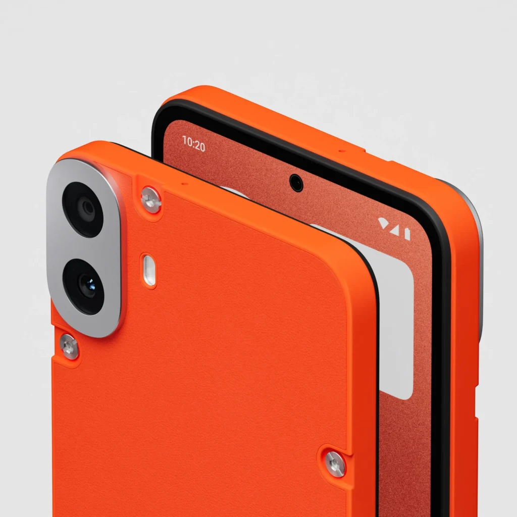 Nothing CMF Phone 1, in Orange, the camera corner, close up