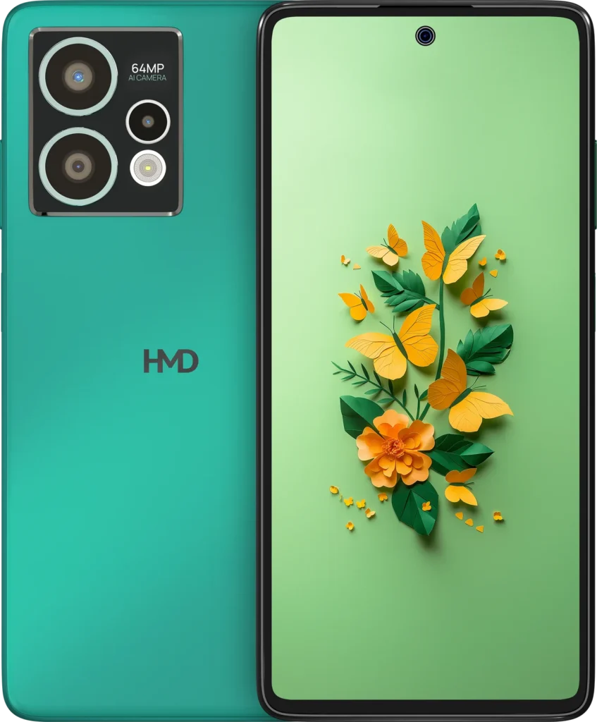 HMD Crest Max 5G, in Aqua Green, front and back