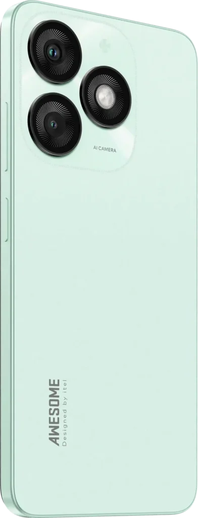 itel A50, in Lime Green from the back, turned slightly