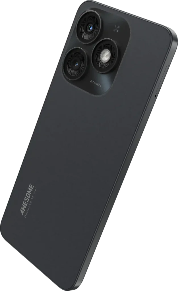 itel A50, in Misty Black from the back, tilted