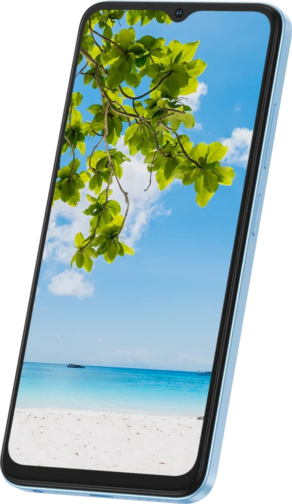 itel A50, in Cyan Blue from the front, at an angle