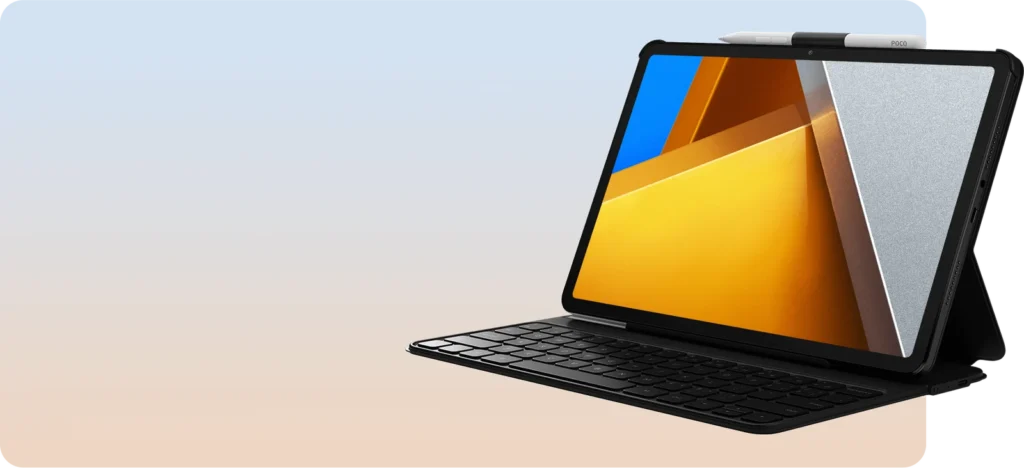 POCO Pad 5G, on its keyboard case, front at an angle