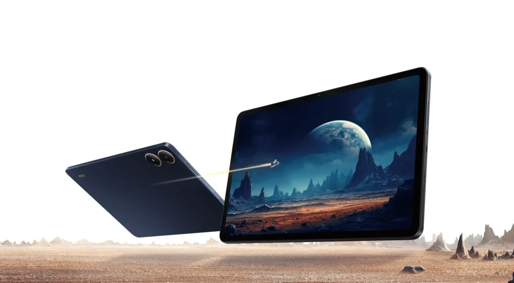 POCO Pad 5G, back and front floating over a desert scene