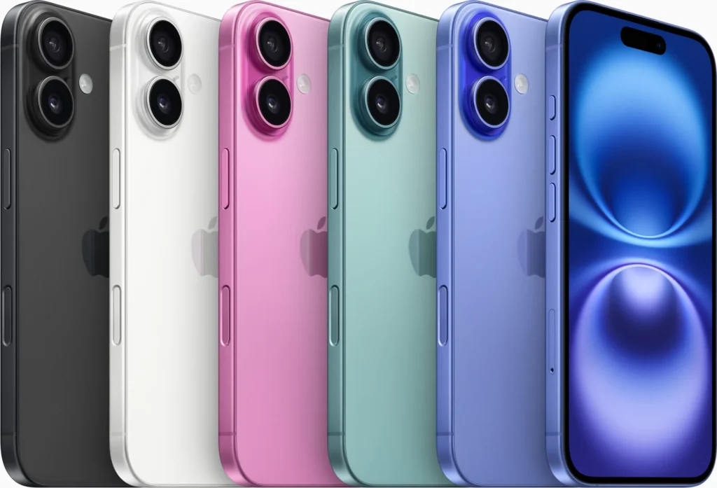 Apple iPhone 16, in Black, White, Pink, Teal and Ultramarine, from the back