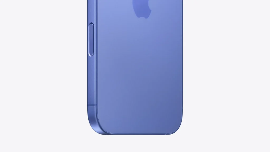 Apple iPhone 16, in Ultramarine, close-up of the Camera Control button and lower corner