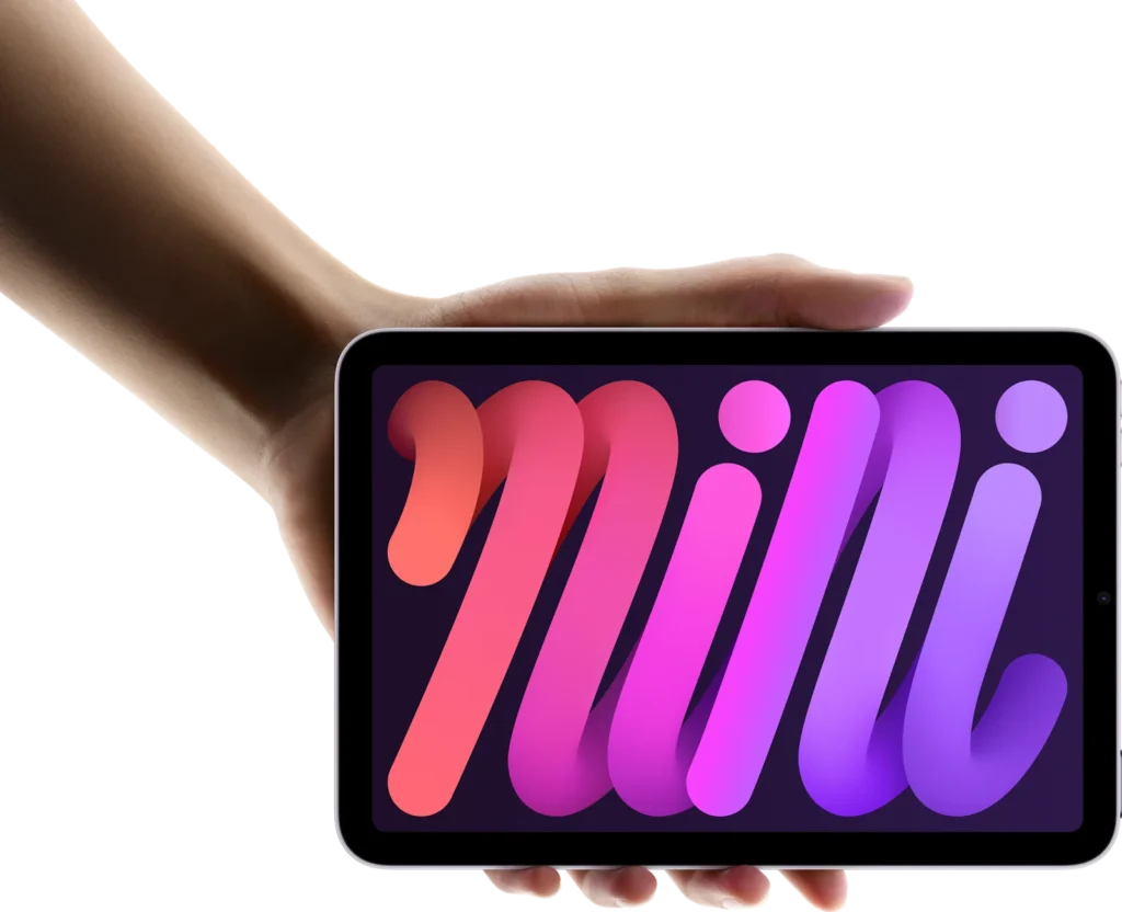 Apple iPad mini (A17 Pro), in Purple, held in one hand in landscape