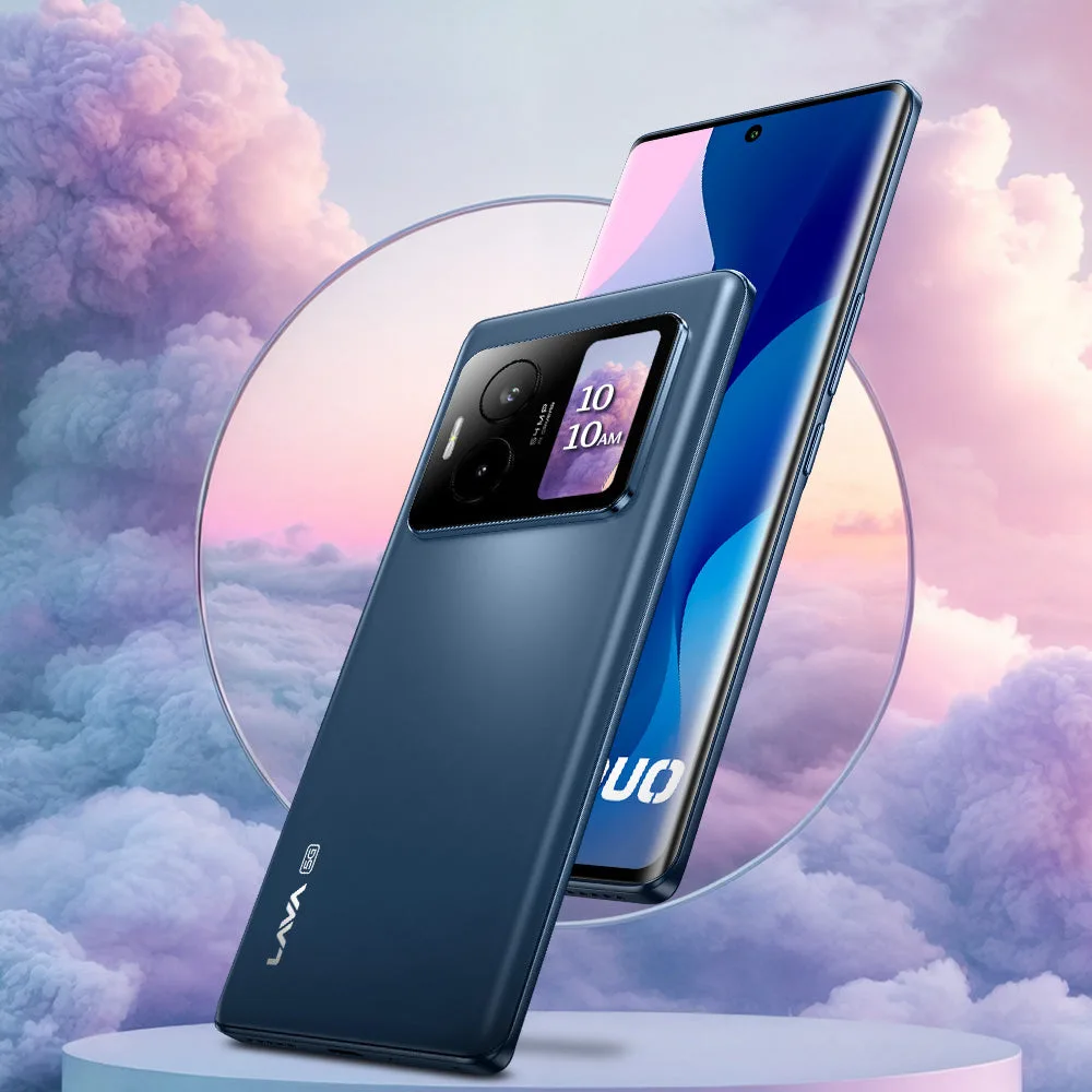 Lava Blaze Duo 5G, in Celestial Blue, at an angle on a stand