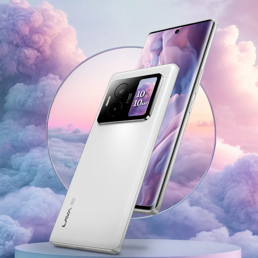 Lava Blaze Duo 5G, in Arctic White, at an angle on a stand