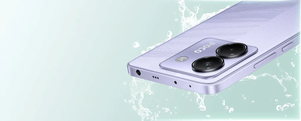 Poco M7 Pro, in Lavender Frost, in a splash of water
