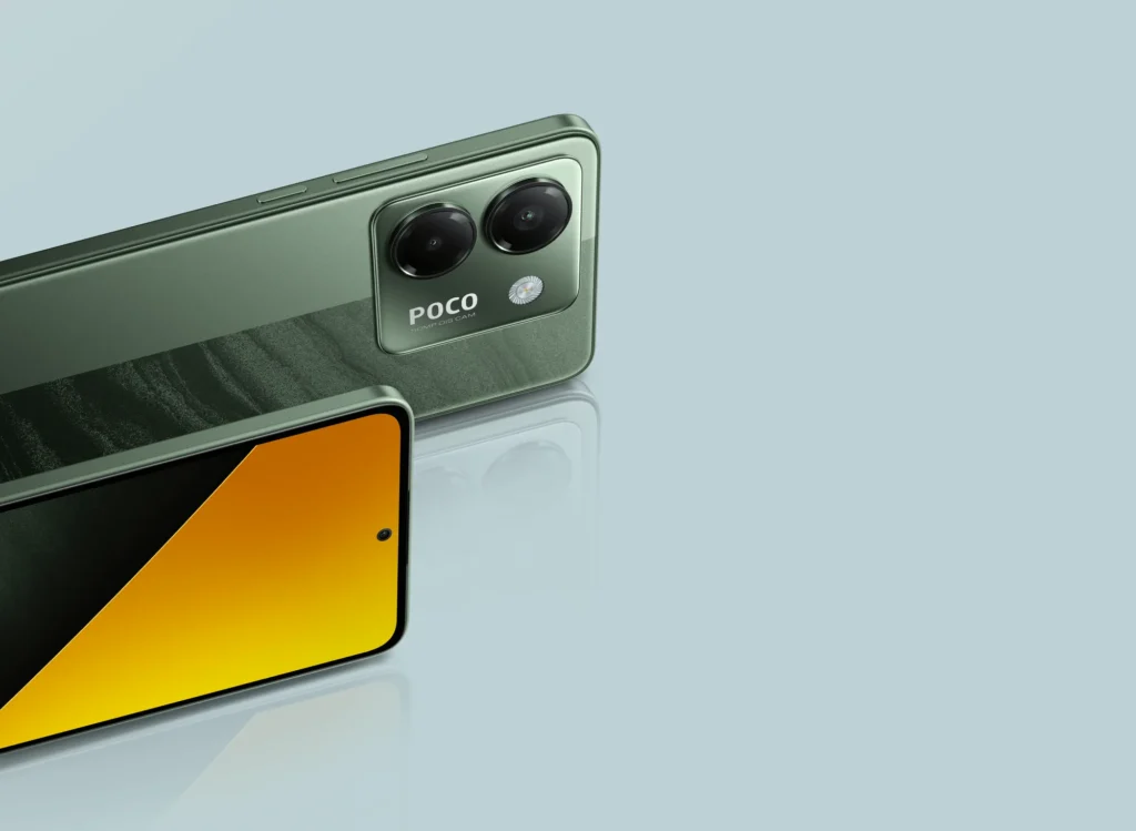 Poco M7 Pro, in Olive Twilight, back and front