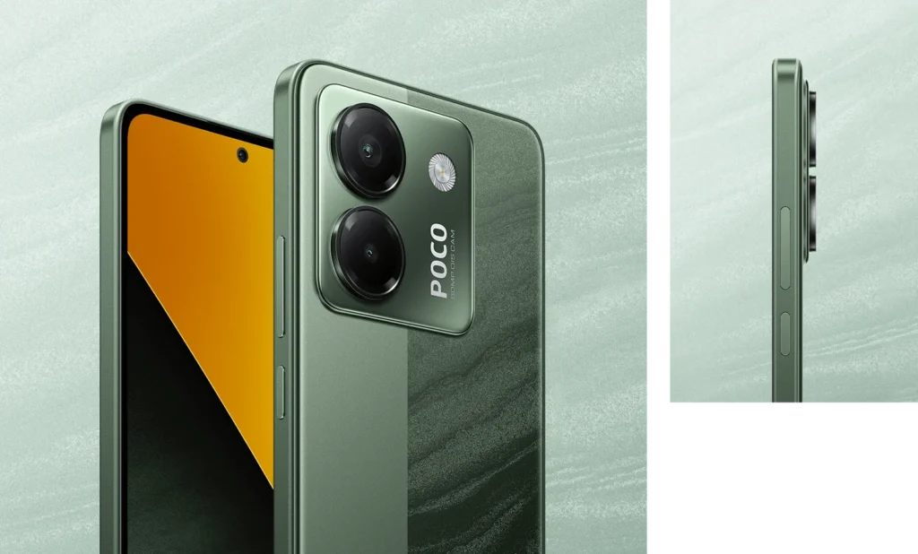 Poco M7 Pro, in Olive Twilight, back, front and side