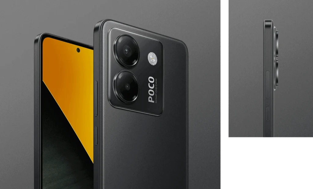 Poco M7 Pro, in Lunar Dust, back, front and side