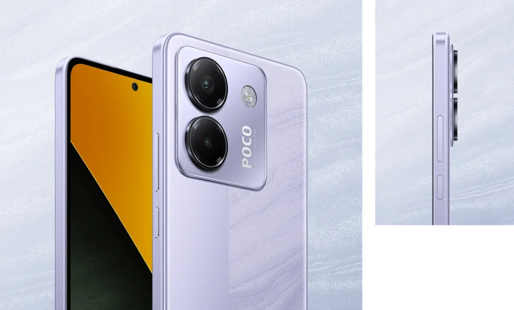 Poco M7 Pro, in Lavender Frost, back, front and side