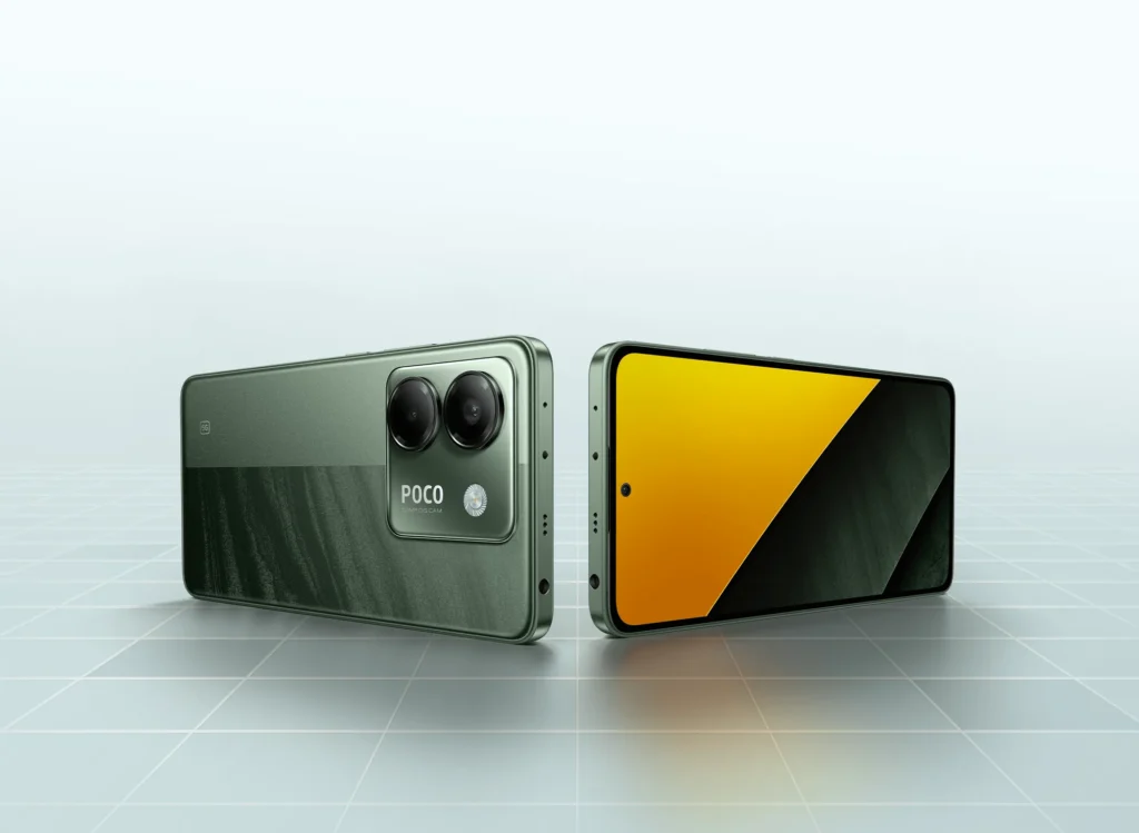 Poco M7 Pro, in Olive Twilight, back and front, standing