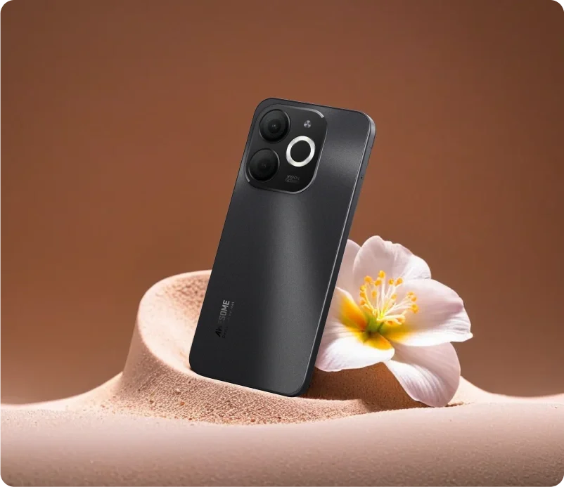itel A80, in Sandstone Black on a sand-coloured stand with a flower