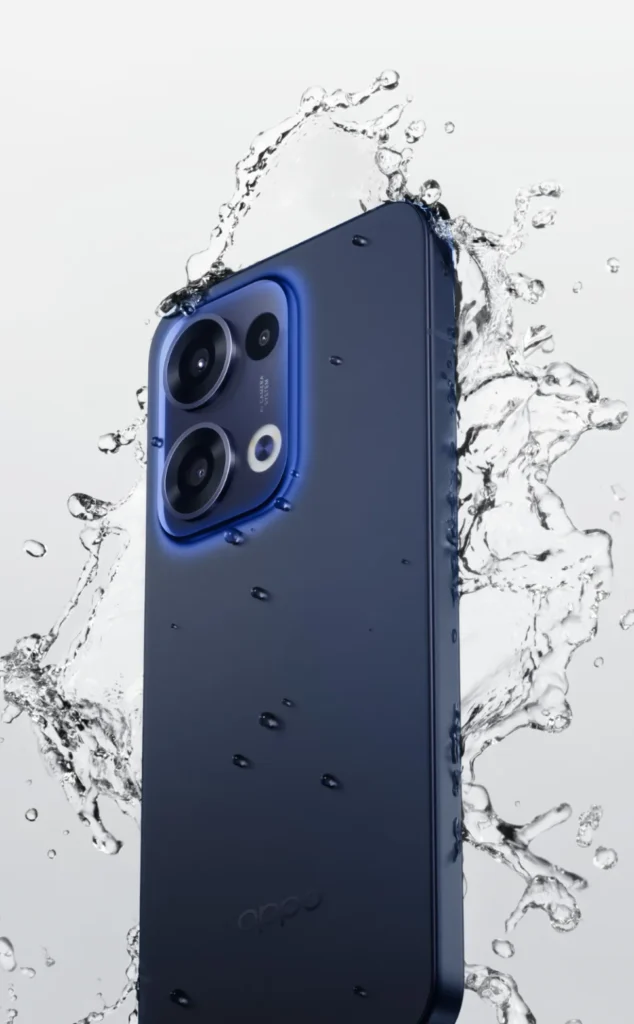 OPPO Reno13 5G, in Luminous Blue, with a water splash